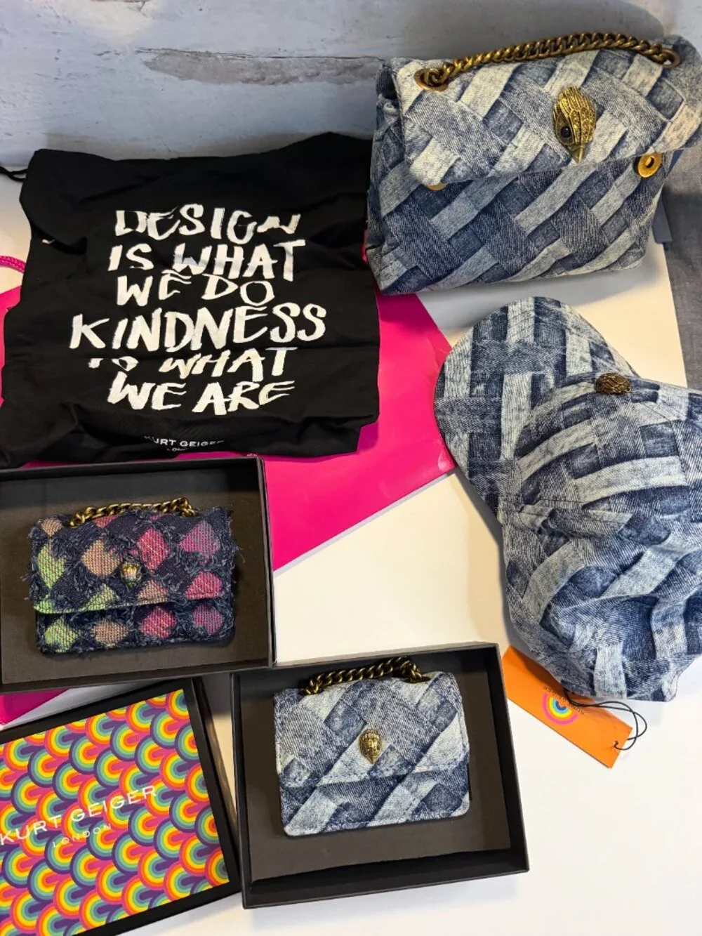 Authentic Kurt Geiger Designer LOT - Denim Quilt Bag (Med), 2 Minis, $ Hat